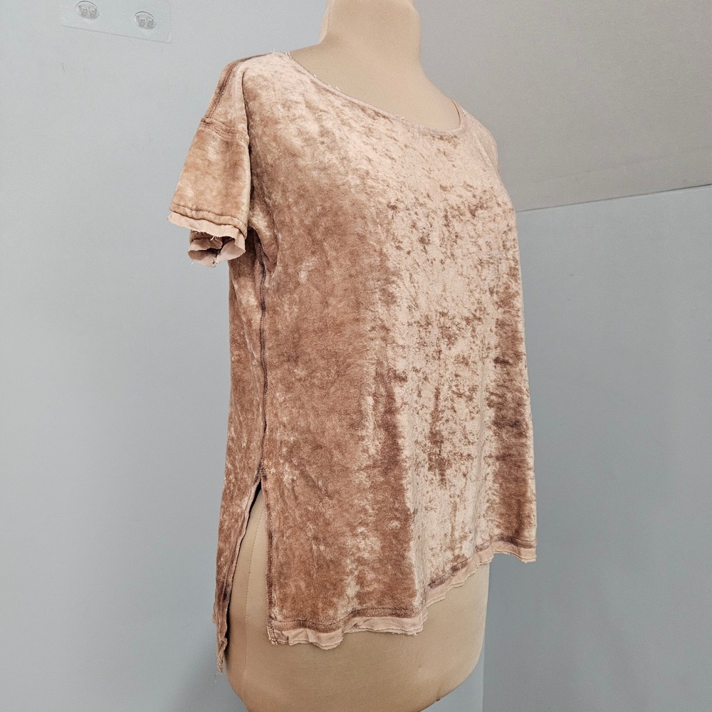 Free People‎ FP Beach Mauve Tan Crushed Velvet Short Sleeve Boxy Tee Shirt M Top - Picture 2 of 11